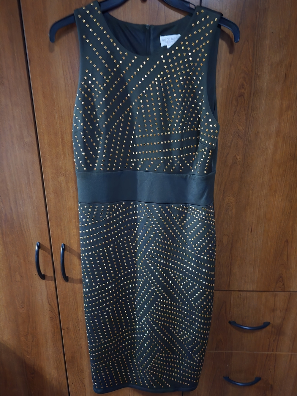 Studded Olive Green Sheath Dress with Gold Accents